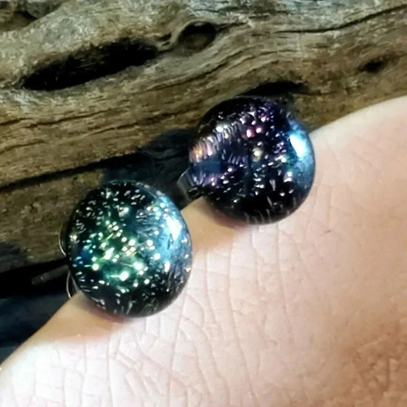 Fused Dichroic Art Glass Cabochon Black Multi Round Stud Earrings - Picture 1 of 7